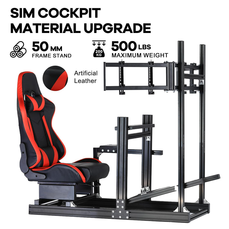 Anman Racing Simulator Cockpit Stand with Triple Monitor Mount and Red Seat Fit for Logitech/Thrustmaster/Fanatec,Aluminum profile adjustable Sim cockpit,Not Included Wheel,Pedals,Shifter
