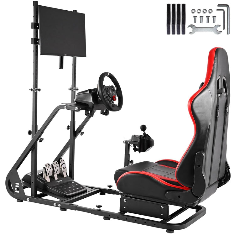 Anman G920 Game Racing Sim Simulator Cockpit with Monitor Stand Fit For Logitech/Thrustmaster/Fantec G27 G29 T300RS TX T3PA TGT,with Red seat- TV Mount, Not Included Wheel Shifter Pedal
