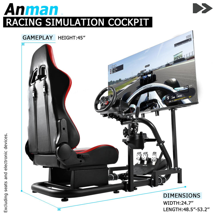 Anman G25 Racing Sim Simulator Cockpit with Red Seat Equipped with Monitor TV Stand fit for Thrustmaster T300RS,Fanatec,Logitech G27 G29 G920 G923,PS5 Handbrake Wheel Shifter Pedals NOT Included