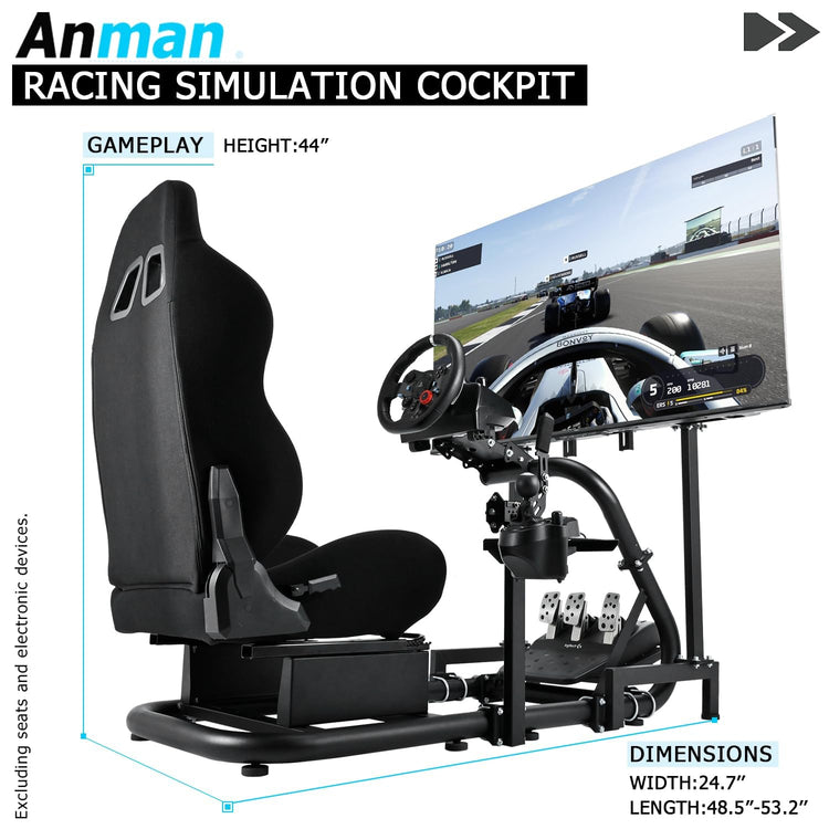 Anman Inspired Racing Sim Simulator Cockpit with Black Seat with Display Stand fit for Logitech Thrustmaster Fanatec G29,G25,G920,G923,T248,NOT Include Wheel Shifter Pedals