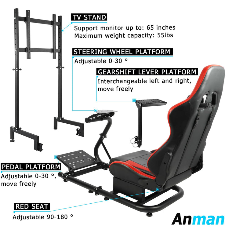 Anman G25 Racing Sim Simulator Cockpit with Red Seat Equipped with Monitor TV Stand fit for Thrustmaster T300RS,Fanatec,Logitech G27 G29 G920 G923,PS5 Handbrake Wheel Shifter Pedals NOT Included