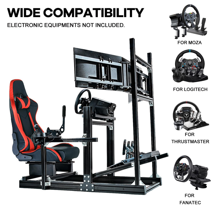 Anman Racing Simulator Cockpit Stand with Triple Monitor Mount and Red Seat Fit for Logitech/Thrustmaster/Fanatec,Aluminum profile adjustable Sim cockpit,Not Included Wheel,Pedals,Shifter