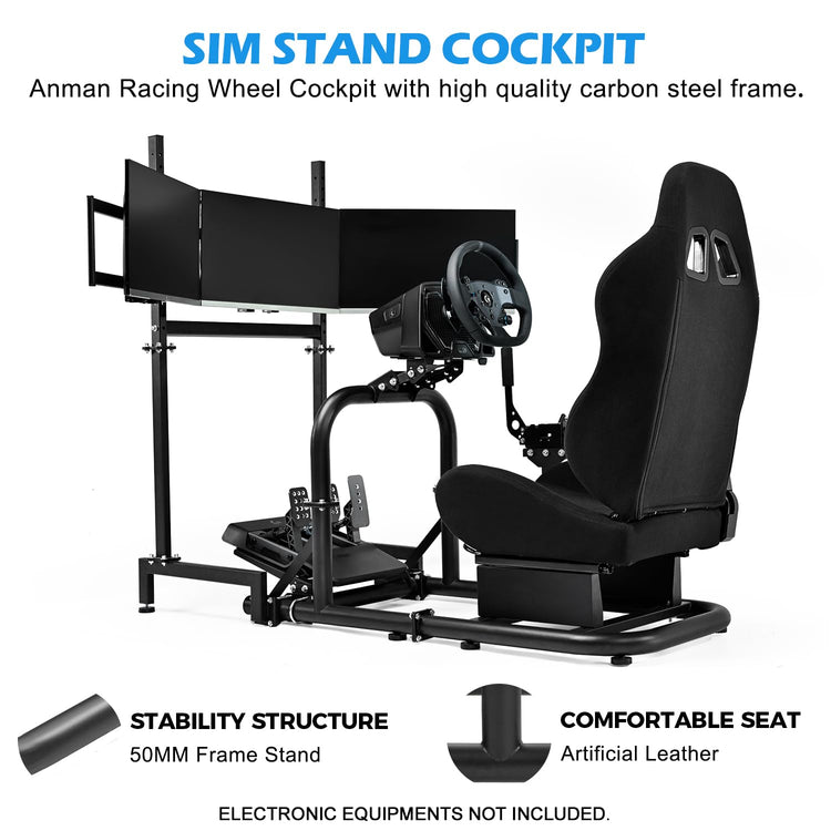 Anman Racing Sim Cockpit with Triple Monitor Mount and Seat Fits for Logitech/Thrustmaster/Fanatec/Moza G29 G920 G923 CSL-DD T248 Driving Simulator Cockpit Without Steering Wheel, Pedals and Shifter