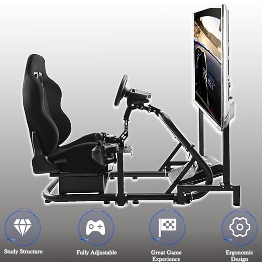 Anman Pro Adjustable Sim Racing Simulator Cockpit Black Seat with Display TV Monitor stand Fits for Logitech Thrustmaster Fanatec g27,g920,g29,g25,T300RS,TX,Wheel Pedals Not Included