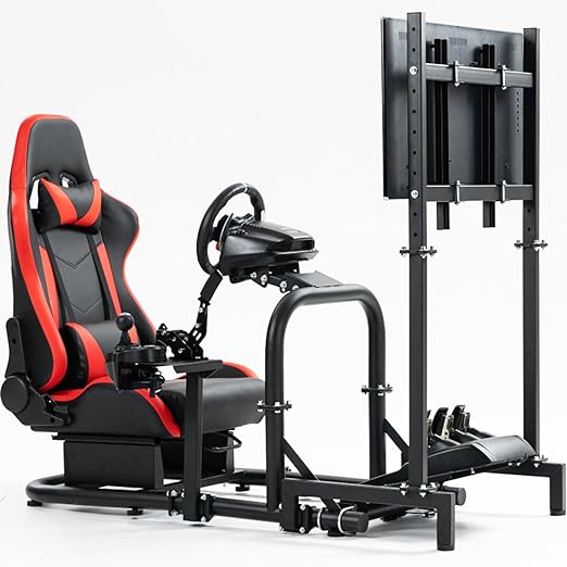 Anman Firm Racing Simulator Cockpit with Red Seat fit for LogitechIThrustmaster G25 G27 G29 G920 G923 T300RS TX,Full Motion Driving Wheel Stand Equipped with Display Stand Shifter Pedals NOT Included