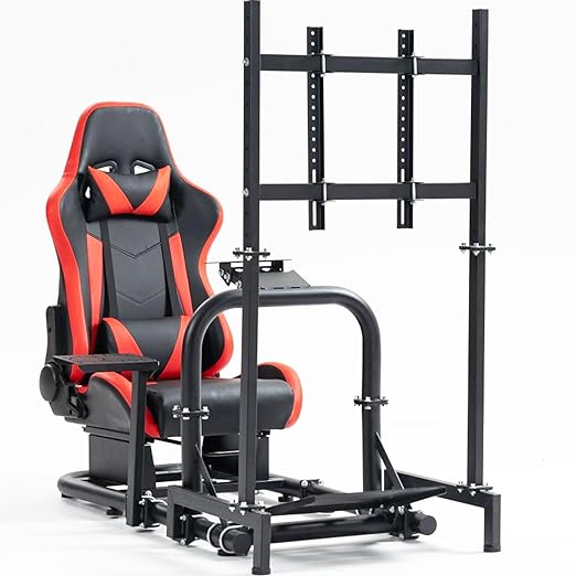 Anman Firm Racing Simulator Cockpit with Red Seat fit for LogitechIThrustmaster G25 G27 G29 G920 G923 T300RS TX,Full Motion Driving Wheel Stand Equipped with Display Stand Shifter Pedals NOT Included