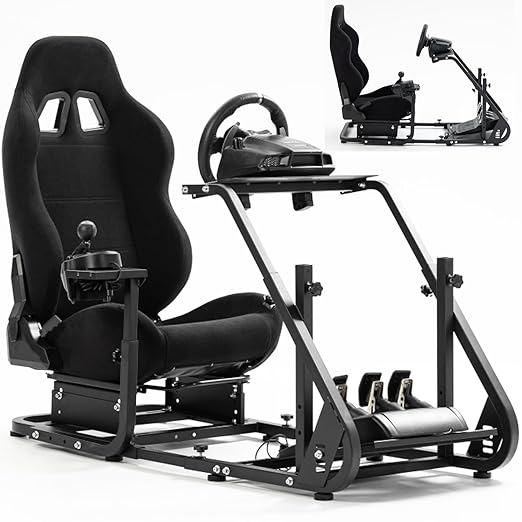 Anman Sim Racing Simulator Cockpit Black Seat fit for Logitech/Thrustmaster G27,G923,G920,T-GT,T248x,T80|Installable Monitor Mount Adjustable Large Steering Wheel stand|Not Included Electronics
