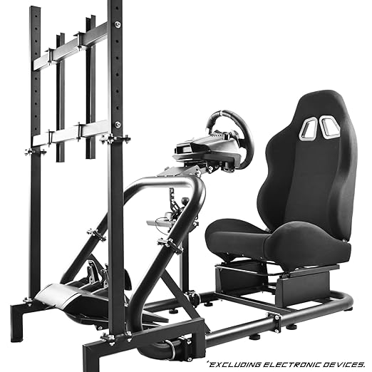 Anman Pro Adjustable Sim Racing Simulator Cockpit Black Seat with Display TV Monitor stand Fits for Logitech Thrustmaster Fanatec g27,g920,g29,g25,T300RS,TX,Wheel Pedals Not Included