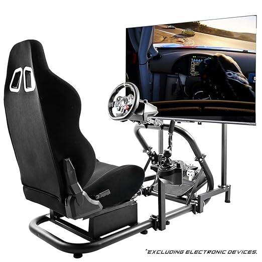 Anman Pro Adjustable Sim Racing Simulator Cockpit Black Seat with Display TV Monitor stand Fits for Logitech Thrustmaster Fanatec g27,g920,g29,g25,T300RS,TX,Wheel Pedals Not Included