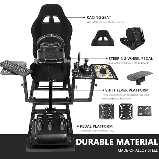 Anman Racing Simulator Cockpit With Black Seat Fits for Logitech/Thrustmaster G923,G29,G27,G920,T150,T300,T300RS|3-Piece Shift Lever Panels|Only Heavy Race Wheel Frame&Black Seat