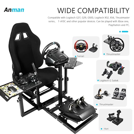 Anman Racing Simulator Cockpit With Black Seat Fits for Logitech/Thrustmaster G923,G29,G27,G920,T150,T300,T300RS|3-Piece Shift Lever Panels|Only Heavy Race Wheel Frame&Black Seat