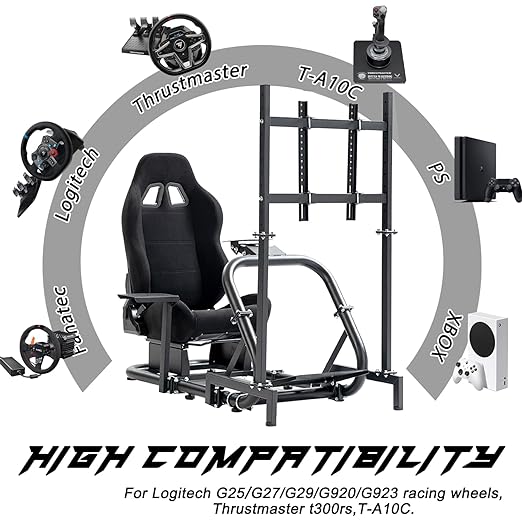 Anman Pro Adjustable Sim Racing Simulator Cockpit Black Seat with Display TV Monitor stand Fits for Logitech Thrustmaster Fanatec g27,g920,g29,g25,T300RS,TX,Wheel Pedals Not Included