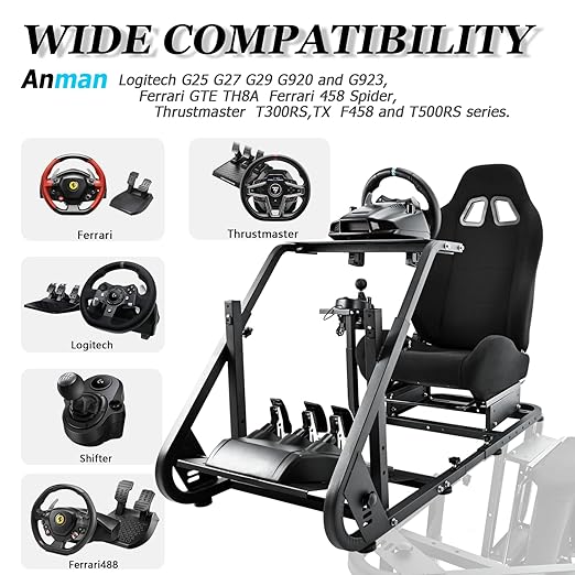Anman Sim Racing Simulator Cockpit Black Seat fit for Logitech/Thrustmaster G27,G923,G920,T-GT,T248x,T80|Installable Monitor Mount Adjustable Large Steering Wheel stand|Not Included Electronics