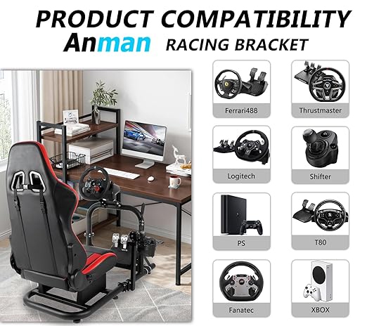 Anman Stability Racing Simulator Cockpit with Seat fit for Logitech I Thrustmaster I PXN I Fanatec g25,g27,g923,g29,T248,T300RS I Ergonomically Sim Steering Wheel Stand I Without Wheel Shifter Pedals