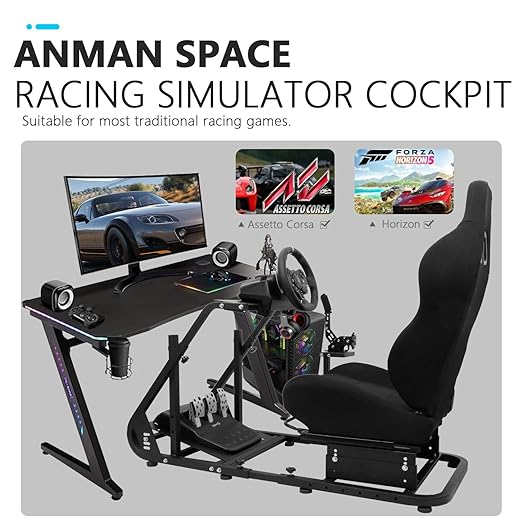 Anman Sim Racing Simulator Cockpit Black Seat fit for Logitech/Thrustmaster G27,G923,G920,T-GT,T248x,T80|Installable Monitor Mount Adjustable Large Steering Wheel stand|Not Included Electronics