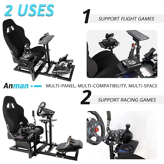 Anman Racing Simulator Cockpit With Black Seat Fits for Logitech/Thrustmaster G923,G29,G27,G920,T150,T300,T300RS|3-Piece Shift Lever Panels|Only Heavy Race Wheel Frame&Black Seat