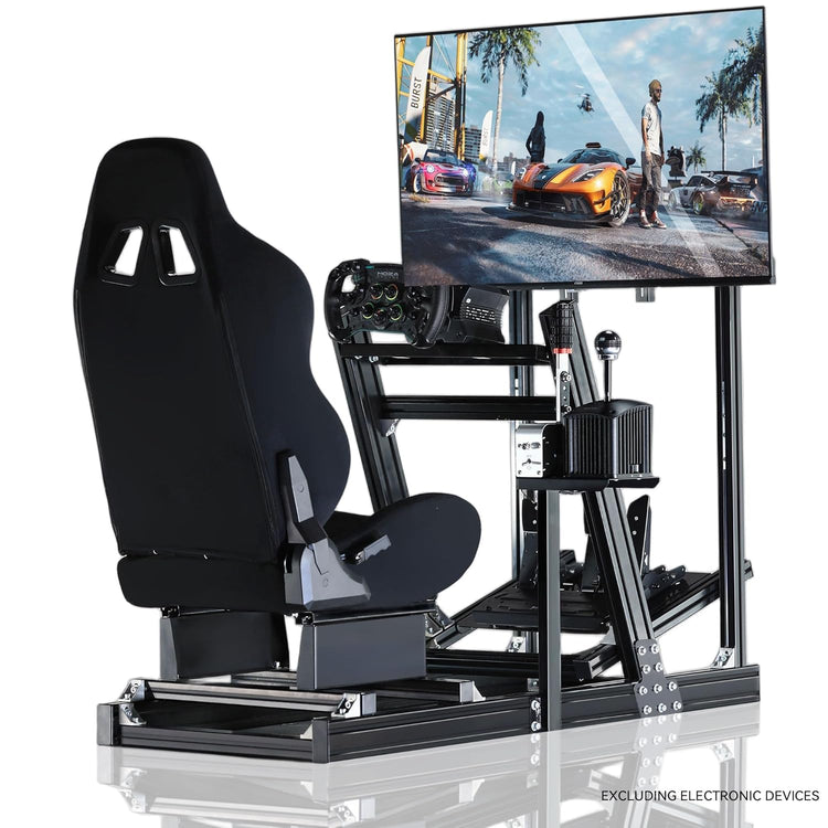 Anman Aluminum Profile Racing Simulation Cockpit Direct Drive Motor, Including TV Stand and Black Seat, with Good Adjustability, Suitable for Logitech, Fanatec, MOZA. No Electronic Devices Included