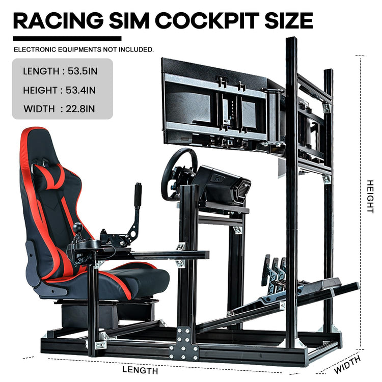 Anman Racing Simulator Cockpit Stand with Triple Monitor Mount and Red Seat Fit for Logitech/Thrustmaster/Fanatec,Aluminum profile adjustable Sim cockpit,Not Included Wheel,Pedals,Shifter