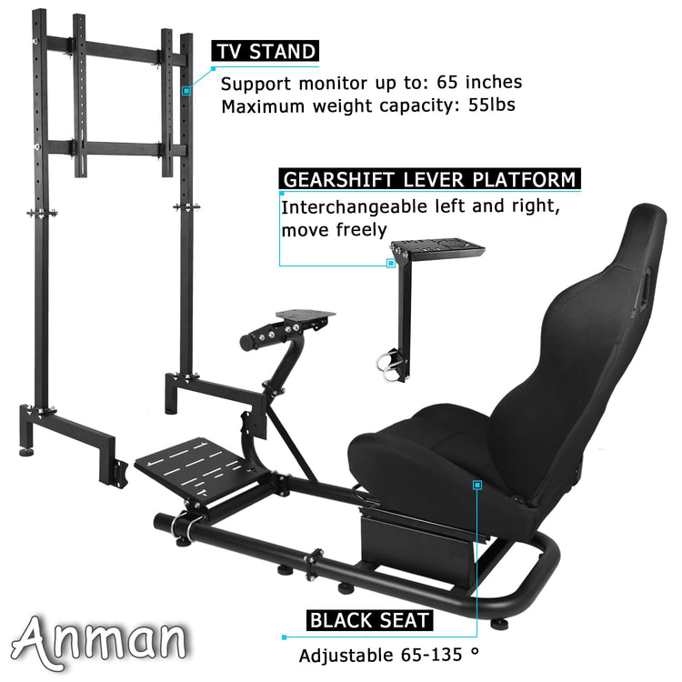 Anman Inspired Racing Sim Simulator Cockpit with Black Seat with Display Stand fit for Logitech Thrustmaster Fanatec G29,G25,G920,G923,T248,NOT Include Wheel Shifter Pedals