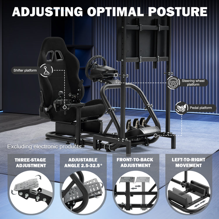 Anman Pro Adjustable Driving Racing Simulator Cockpit with Black Seat and Monitor Mount, Fit for Logitech G29 G920 G923/Thrustmaster T300RS/Moza R3 R5, Wheel, Pedals, and Monitor Not Included