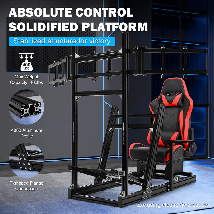 Anman 8040 Aluminum Profile Racing Sim Cockpit with Red Seat Triple Screen Monitor,F1 Trunk Simulator,Fit for Moza/Logitech/Fanatec/Thrustmaster,Professional-Grade,No TV,Steering Wheel,Handbrake,Pedals