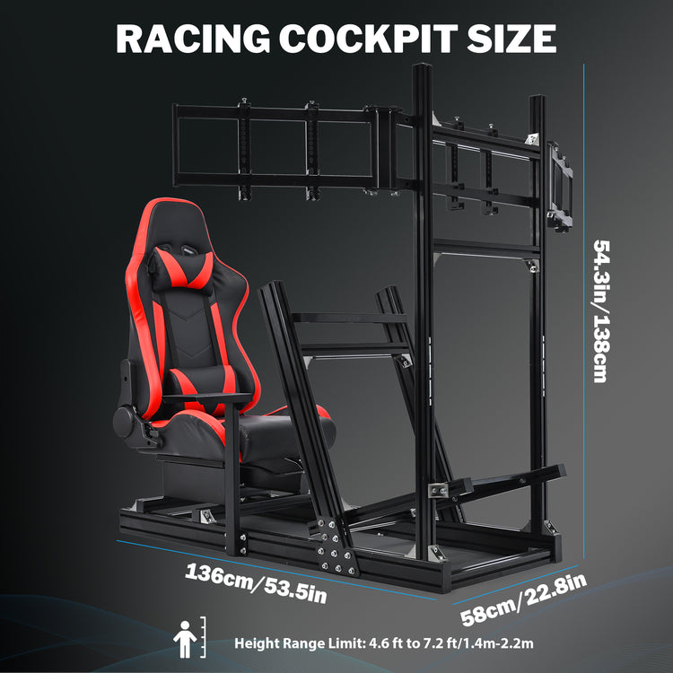 Anman 8040 Aluminum Profile Racing Sim Cockpit with Red Seat Triple Screen Monitor,F1 Trunk Simulator,Fit for Moza/Logitech/Fanatec/Thrustmaster,Professional-Grade,No TV,Steering Wheel,Handbrake,Pedals