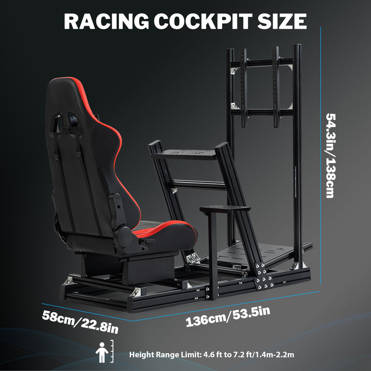 Anman 8040 Aluminum Profile Racing Sim Cockpit with Red Seat Monitor Mount,F1 Trunk Simulator,Fit for Moza/Logitech/Fanatec/Thrustmaster,Professional-Grade,No TV,Steering Wheel,Handbrake,Pedals