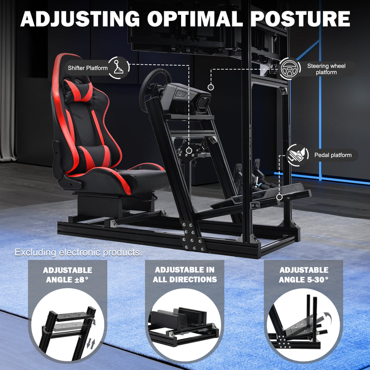 Anman 8040 Aluminum Profile Racing Sim Cockpit with Red Seat Triple Screen Monitor,F1 Trunk Simulator,Fit for Moza/Logitech/Fanatec/Thrustmaster,Professional-Grade,No TV,Steering Wheel,Handbrake,Pedals