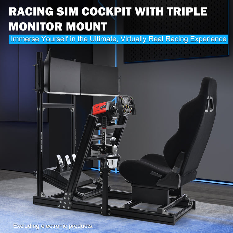 Anman 8040 Aluminum Profile Racing Sim Cockpit with Black Seat Triple Screen Monitor,F1 Trunk Simulator,Fit for Moza/Logitech/Fanatec/Thrustmaster,Professional-Grade,No TV,Steering Wheel,Handbrake,Pedals