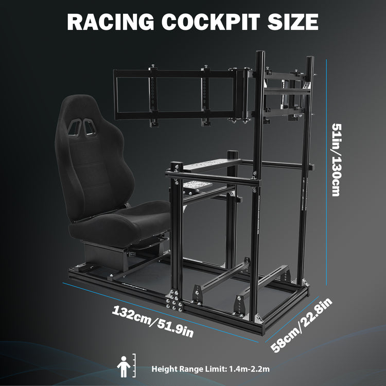 Anman 3060 Aluminum Profiles Racing Simulator Cockpit with Black Seat and Triple Monitor Mount, Compatible with Logitech/Thrustmaster/Fanatec, Infinitely Adjustable. Steering Wheel, Pedals, Handbrake, and Monitors Sold Separately