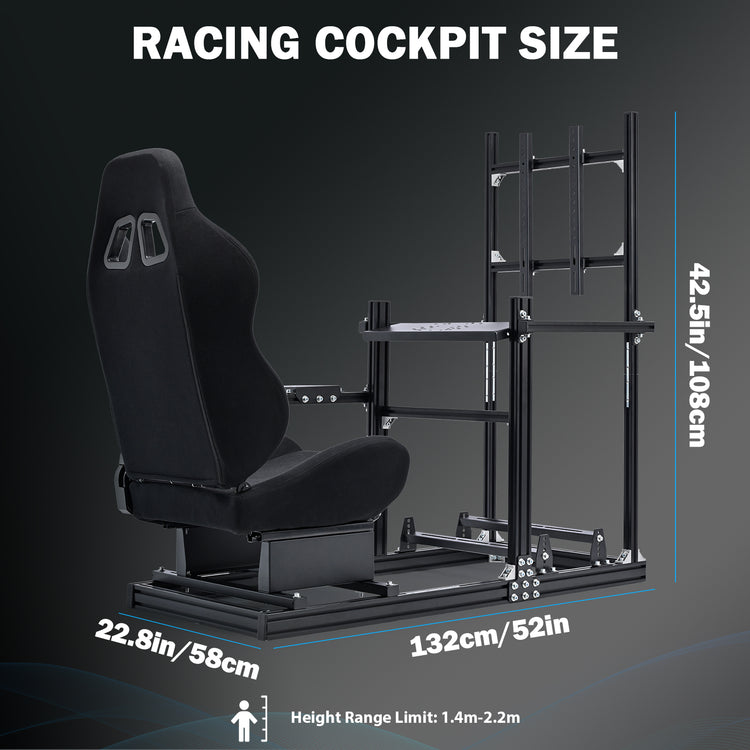 Anman 3060 Aluminum Profiles Racing Simulator Cockpit with Black Seat and Monitor Mount, Compatible with Logitech/Thrustmaster/Fanatec, Infinitely Adjustable, Steering Wheel, Pedals, Handbrake, and Monitors Sold Separately