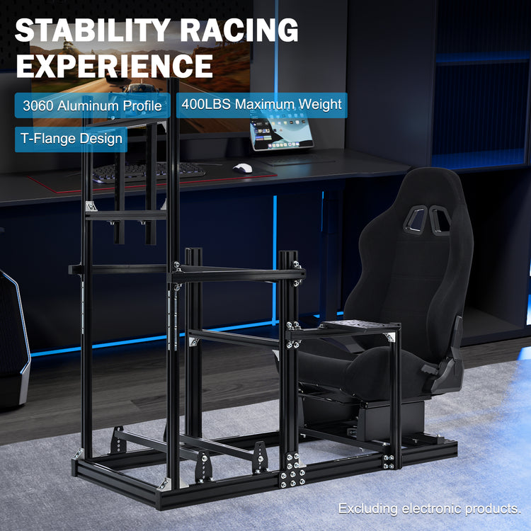 Anman 3060 Aluminum Profiles Racing Simulator Cockpit with Black Seat and Monitor Mount, Compatible with Logitech/Thrustmaster/Fanatec, Infinitely Adjustable, Steering Wheel, Pedals, Handbrake, and Monitors Sold Separately