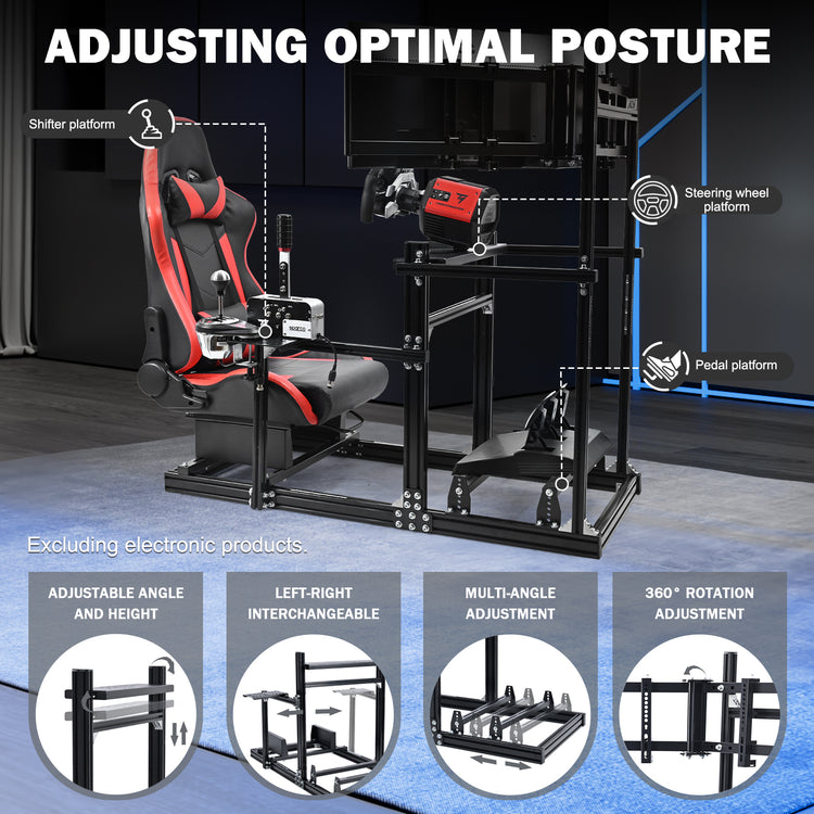 Anman 3060 Aluminum Profiles Racing Simulator Cockpit with Red Seat and Triple Monitor Mount, Compatible with Logitech/Thrustmaster/Fanatec, Infinitely Adjustable,SSteering Wheel, Pedals, Handbrake, and Monitors Sold Separately