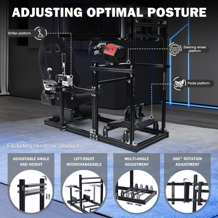 Anman 3060 Aluminum Profiles Racing Simulator Cockpit with Black Seat and Triple Monitor Mount, Compatible with Logitech/Thrustmaster/Fanatec, Infinitely Adjustable. Steering Wheel, Pedals, Handbrake, and Monitors Sold Separately