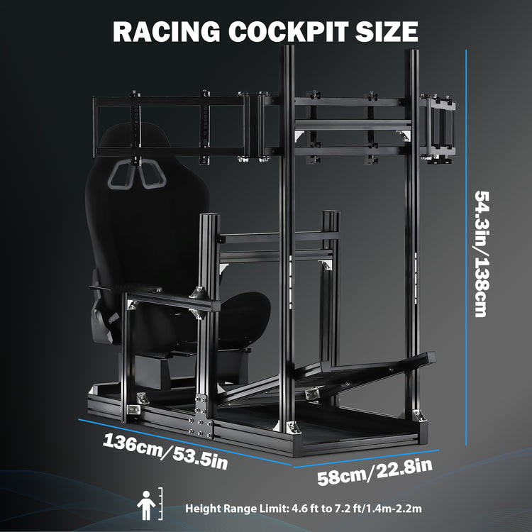 Anman Sim Racing Cockpit 8040 Aluminium Profile Racing Stand with Triple Monitor Stand, Fit for Using Direct Drive Steering Wheel GPRO CSLDD T818 Driving Simulator Cockpit with Black Seat Not Include Steering Wheel,Pedals,Handbrake
