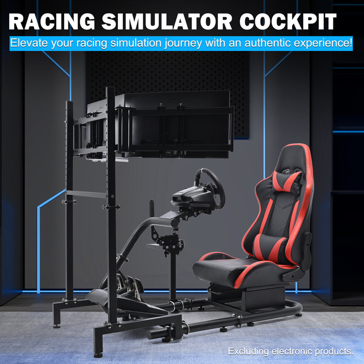 Anman Racing Simulator Cockpit with Triple Monitor Stand and Red Seat Compatible with Logitech G29 G920 G923 and Thrustmaster T300RS steering wheels. Not include steering wheel, pedals, monitors, or handbrake.