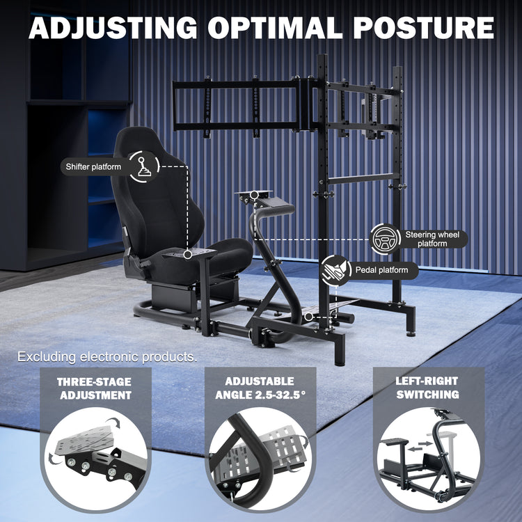 Anman Racing Simulator Cockpit with Triple Monitor Stand and Black Seat Compatible with Logitech G29 G920 G923 and Thrustmaster T300RS steering wheels. Not include steering wheel, pedals, monitors, or handbrake.