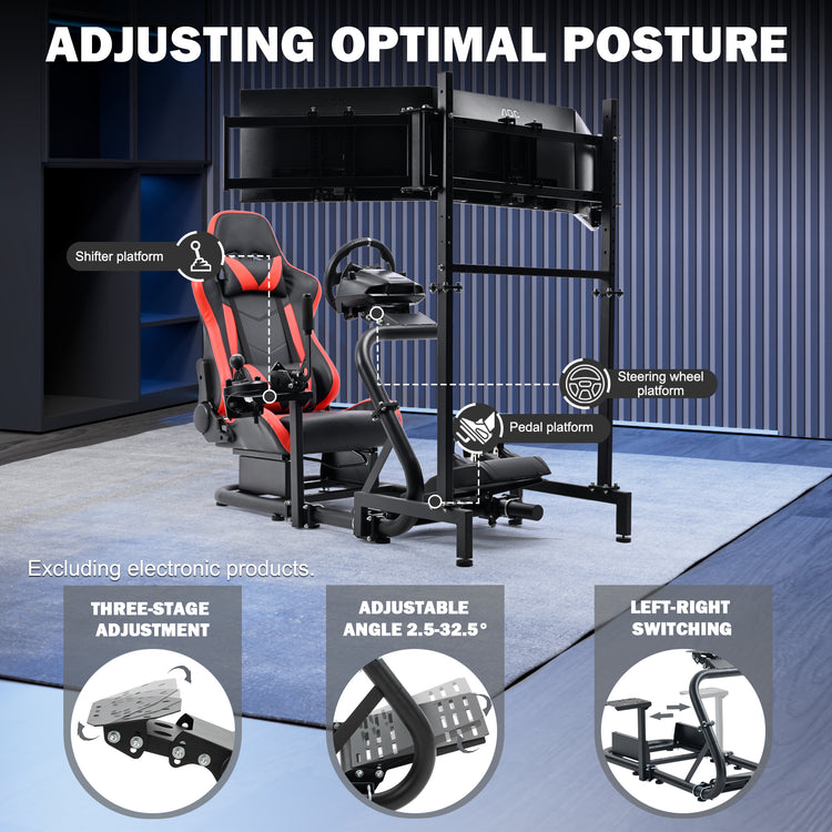 Anman Racing Simulator Cockpit with Triple Monitor Stand and Red Seat Compatible with Logitech G29 G920 G923 and Thrustmaster T300RS steering wheels. Not include steering wheel, pedals, monitors, or handbrake.