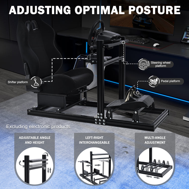 Anman 3060 Aluminum Profile Racing Simulator Cockpit with Black Seat, Compatible with Thrustmaster, Fanatec, Logitech G29/GPro, etc,Freely Adjustable,Does Not Include Steering Wheel, Pedals, or Handbrake