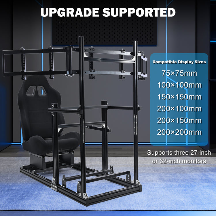 Anman 3060 Aluminum Profiles Racing Simulator Cockpit with Black Seat and Triple Monitor Mount, Compatible with Logitech/Thrustmaster/Fanatec, Infinitely Adjustable. Steering Wheel, Pedals, Handbrake, and Monitors Sold Separately