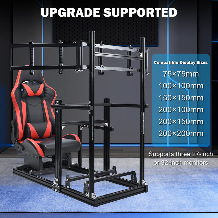 Anman 3060 Aluminum Profiles Racing Simulator Cockpit with Red Seat and Triple Monitor Mount, Compatible with Logitech/Thrustmaster/Fanatec, Infinitely Adjustable,SSteering Wheel, Pedals, Handbrake, and Monitors Sold Separately