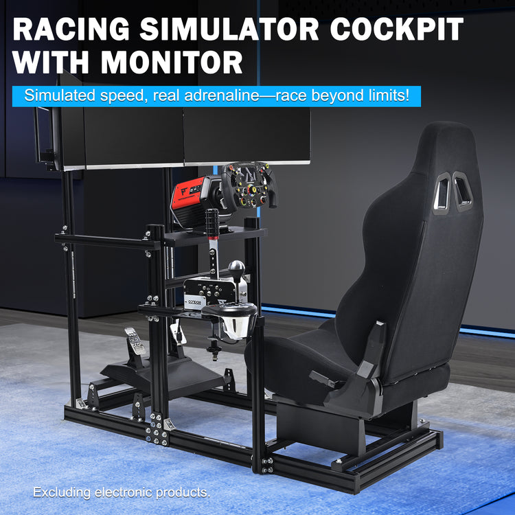 Anman 3060 Aluminum Profiles Racing Simulator Cockpit with Black Seat and Triple Monitor Mount, Compatible with Logitech/Thrustmaster/Fanatec, Infinitely Adjustable. Steering Wheel, Pedals, Handbrake, and Monitors Sold Separately