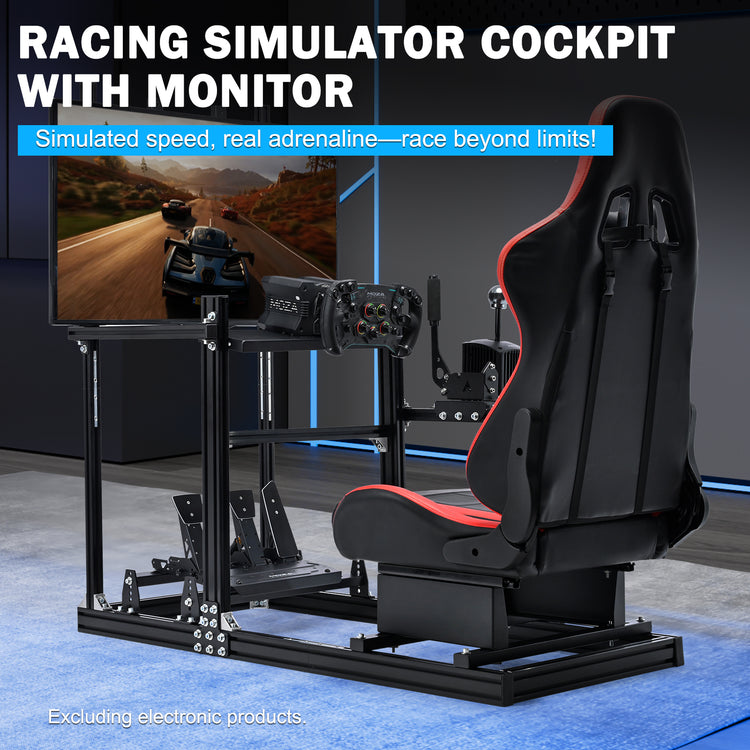Anman 3060 Aluminum Profiles Racing Simulator Cockpit with Red Seat and Monitor Mount, Compatible with Logitech/Thrustmaster/Fanatec, Infinitely Adjustable, Steering Wheel, Pedals, Handbrake, and Monitors Sold Separately