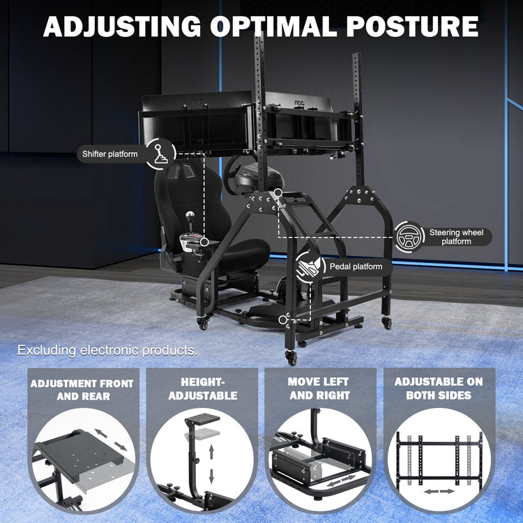 Anman Stand-up Racing Simulator Cockpit with Black Gaming Seat Triple Monitor Stand FIt for Logitech G29 G920 G923,for Thrustmaster T-GT II T80 T150,for PXN V9 V10 V99,Standing Sim Driving Cockpit, Not Include Wheel Shifter Pedal TV