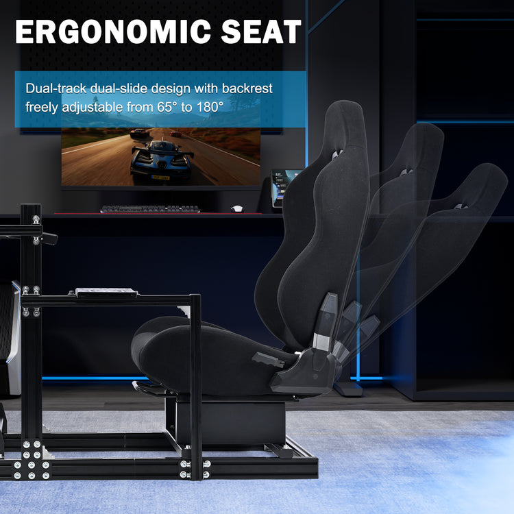 Anman 3060 Aluminum Profiles Racing Simulator Cockpit with Black Seat and Monitor Mount, Compatible with Logitech/Thrustmaster/Fanatec, Infinitely Adjustable, Steering Wheel, Pedals, Handbrake, and Monitors Sold Separately