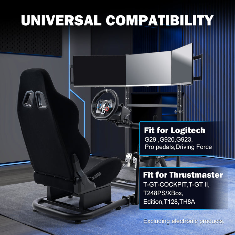 Anman Racing Simulator Cockpit with Triple Monitor Stand and Black Seat Compatible with Logitech G29 G920 G923 and Thrustmaster T300RS steering wheels. Not include steering wheel, pedals, monitors, or handbrake.