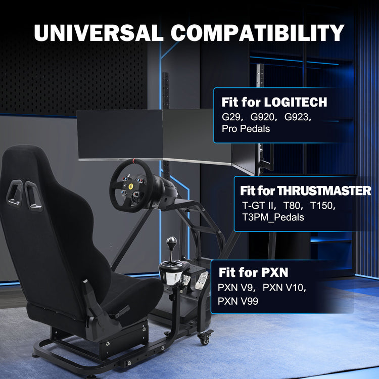Anman Stand-up Racing Simulator Cockpit with Black Gaming Seat Triple Monitor Stand FIt for Logitech G29 G920 G923,for Thrustmaster T-GT II T80 T150,for PXN V9 V10 V99,Standing Sim Driving Cockpit, Not Include Wheel Shifter Pedal TV