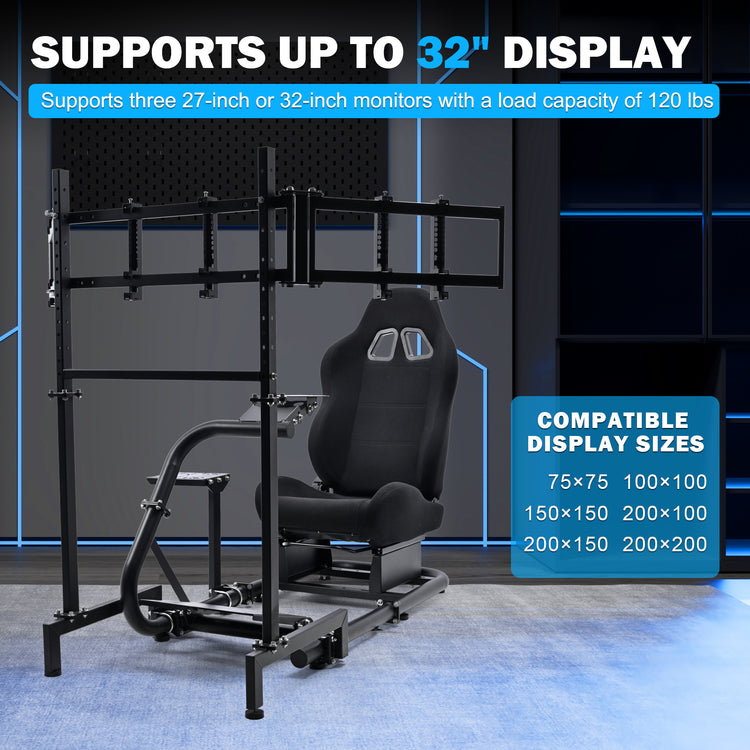 Anman Racing Simulator Cockpit with Triple Monitor Stand and Black Seat Compatible with Logitech G29 G920 G923 and Thrustmaster T300RS steering wheels. Not include steering wheel, pedals, monitors, or handbrake.