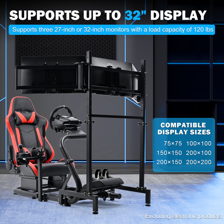 Anman Racing Simulator Cockpit with Triple Monitor Stand and Red Seat Compatible with Logitech G29 G920 G923 and Thrustmaster T300RS steering wheels. Not include steering wheel, pedals, monitors, or handbrake.