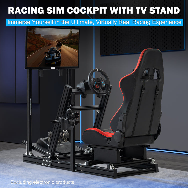 Anman 8040 Aluminum Profile Racing Sim Cockpit with Red Seat Monitor Mount,F1 Trunk Simulator,Fit for Moza/Logitech/Fanatec/Thrustmaster,Professional-Grade,No TV,Steering Wheel,Handbrake,Pedals